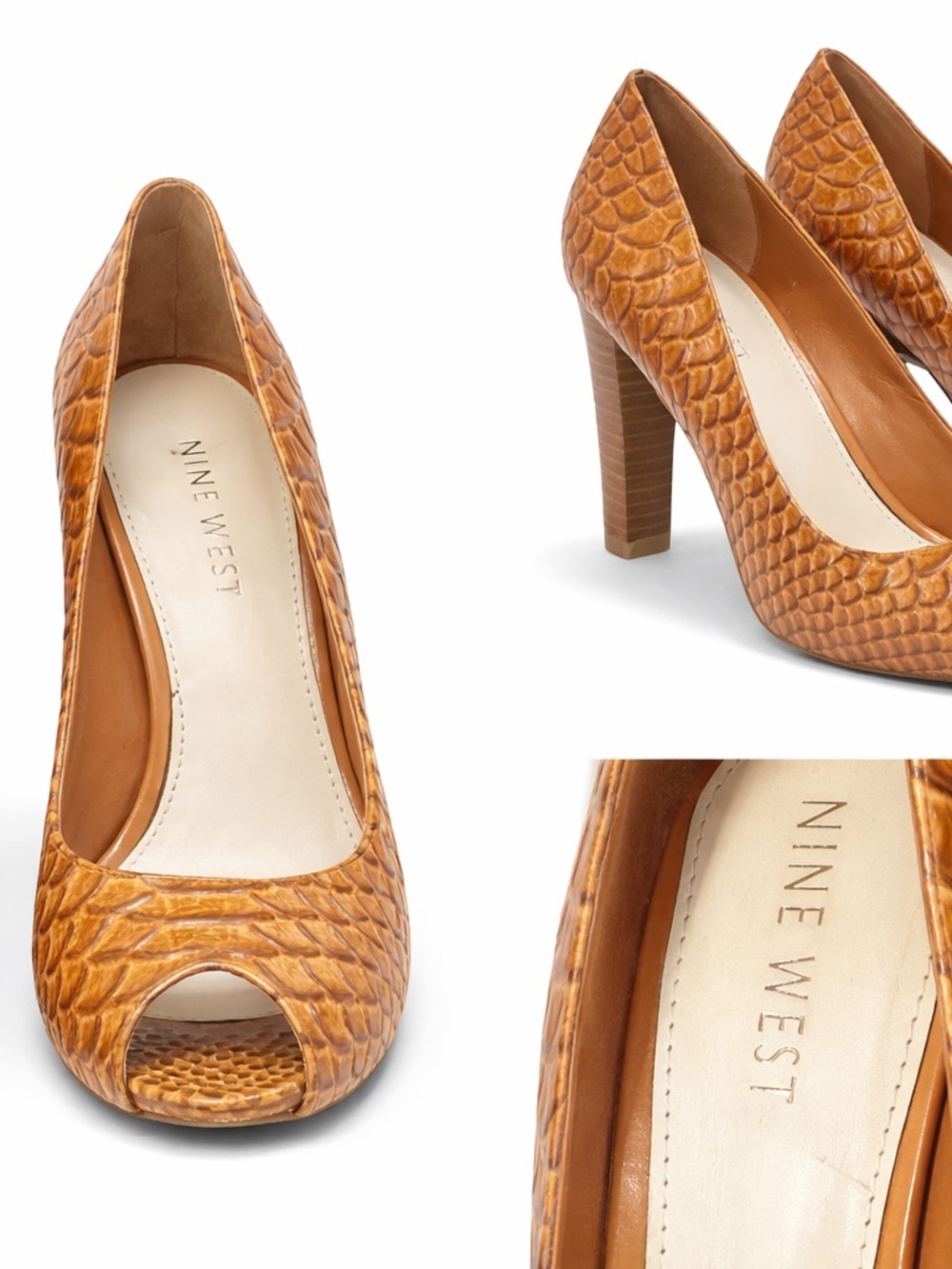 Nine West Women's Tan Peep-Toe Textured High Heels